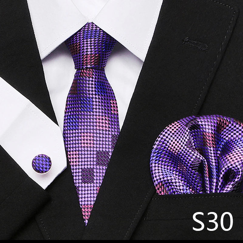 Men`s Tie Red Plaid print Jacquard Woven Tie Hanky Cufflinks Sets For Formal Wedding Business Party Free Postage