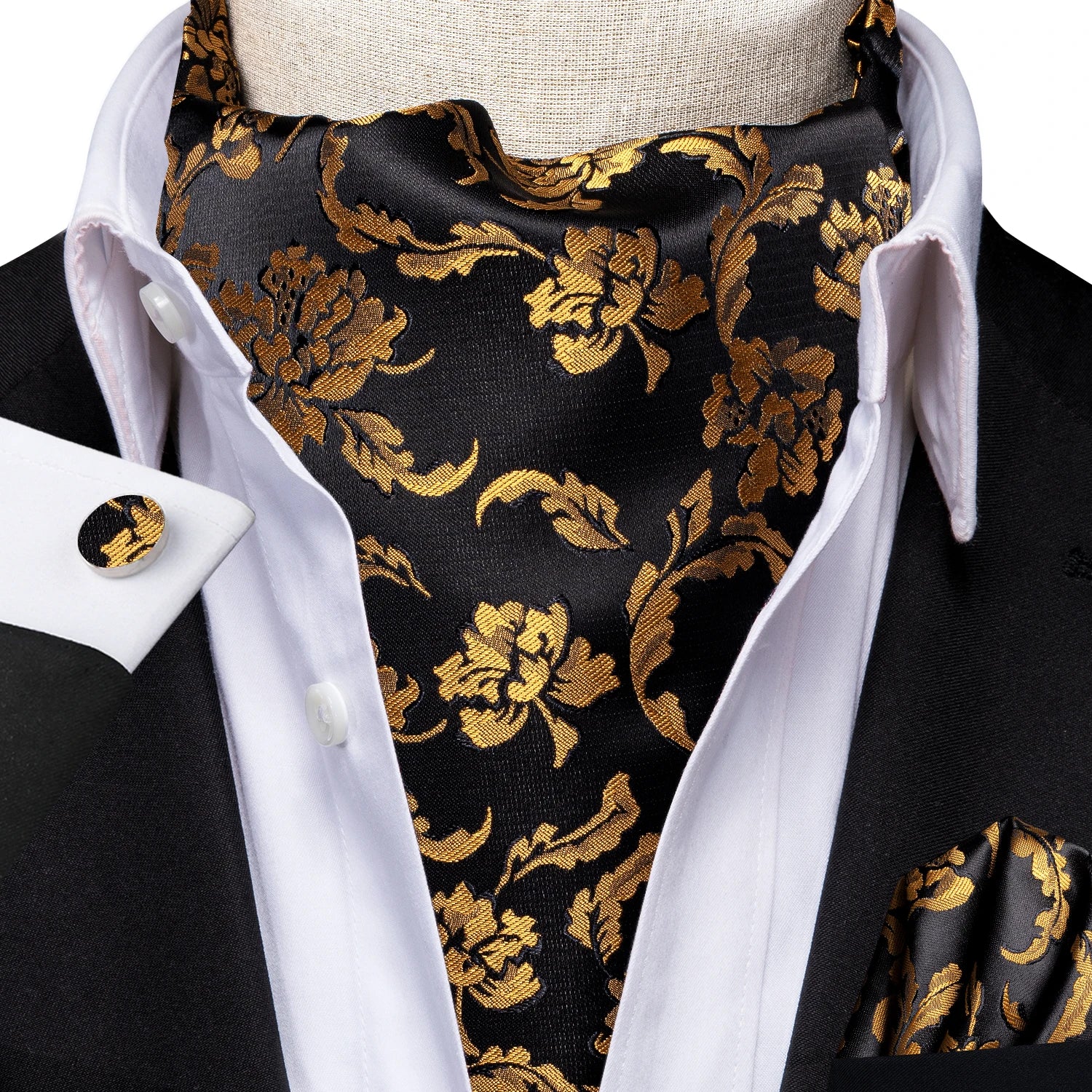Hi-Tie Silk Mens Ascot Hanky Cufflinks Set Black Yellow White Paisley Cravat Tie Vest Dress Ascots Self Vintage Jacquard Woven
