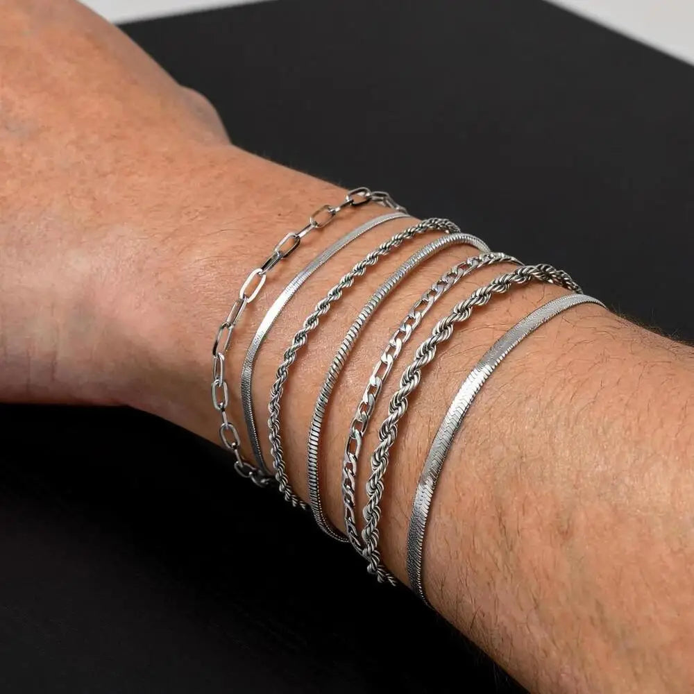 7pcs/set Simple Chain Bracelet for Men Women,Stainless Steel Silver Color Metal Chain Wristband,Basic Layered Jewelry Gift