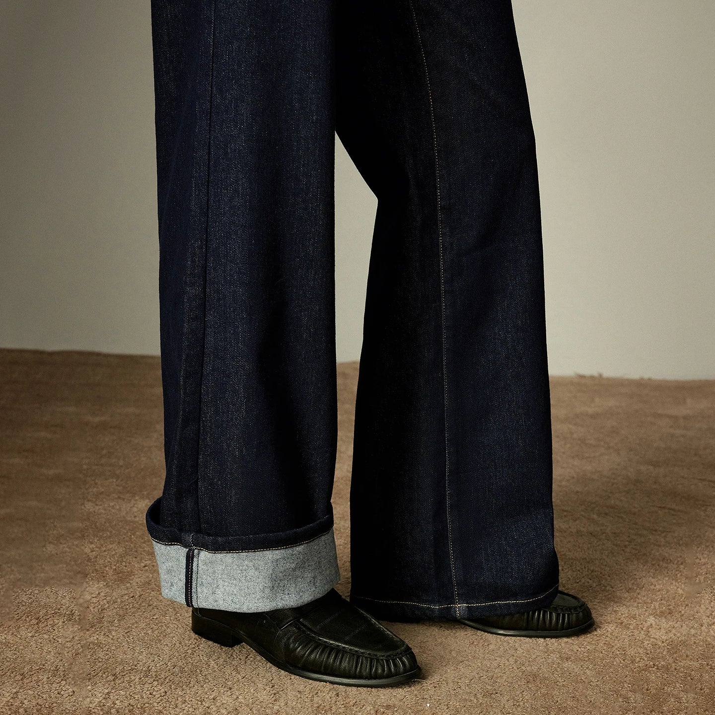 TOYOUTH Women Jeans 2025 Winter New Wool-Blend Elastic Retro Original Color Mid-Low Waist Wide-Leg Trousers