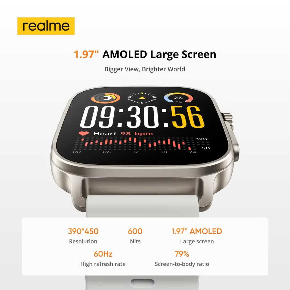 realme Watch 5 Smart Watch Global Version 1.97" AMOLED Display Sports & Health Monitoring 14-day Battery Life IP68 Bluetooth 5.3