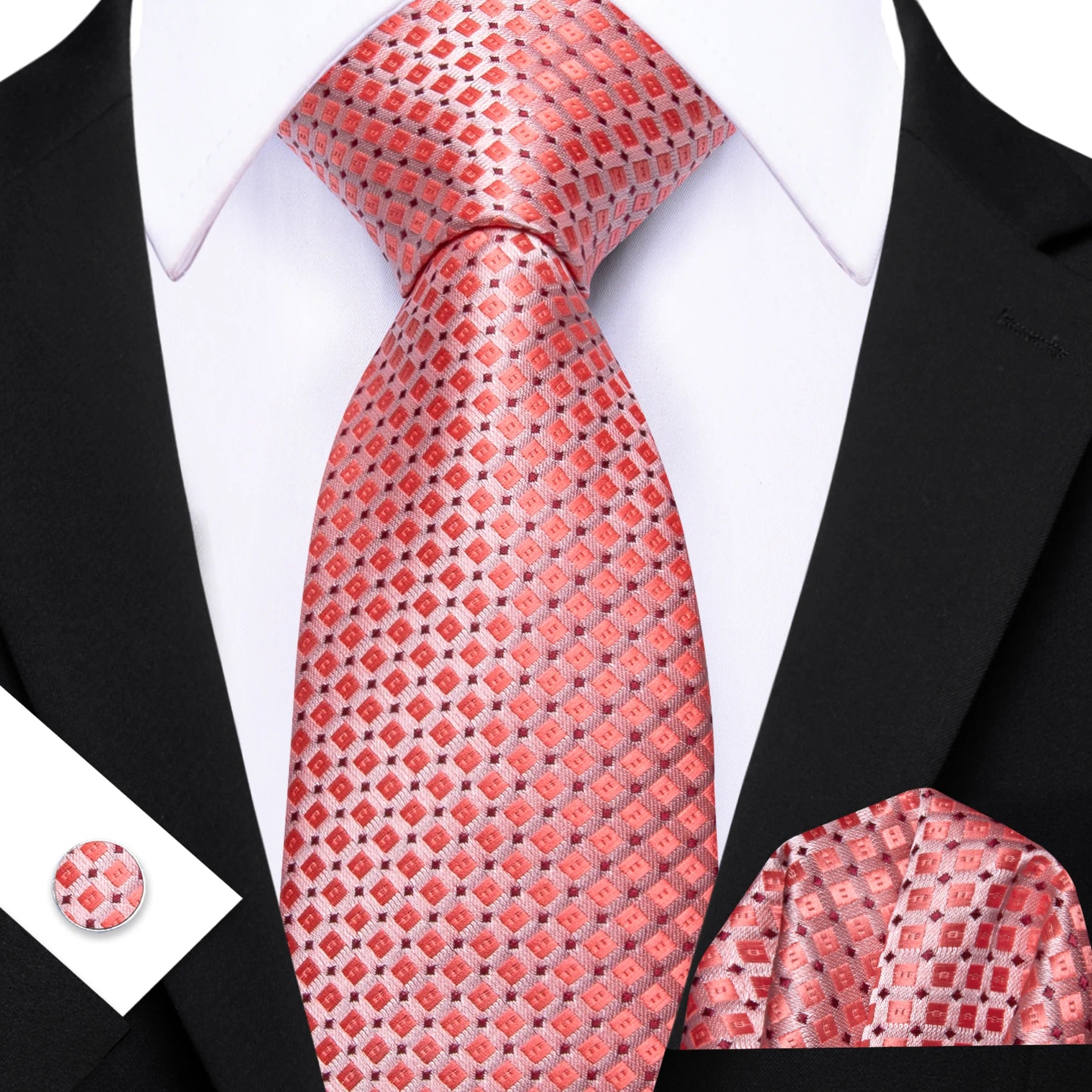 Barry.Wang Jacquard Watermelon & Peach Pink Men Tie With Pocket Square Cufflinks Set Exquisiet Necktie For Male Wedding Business