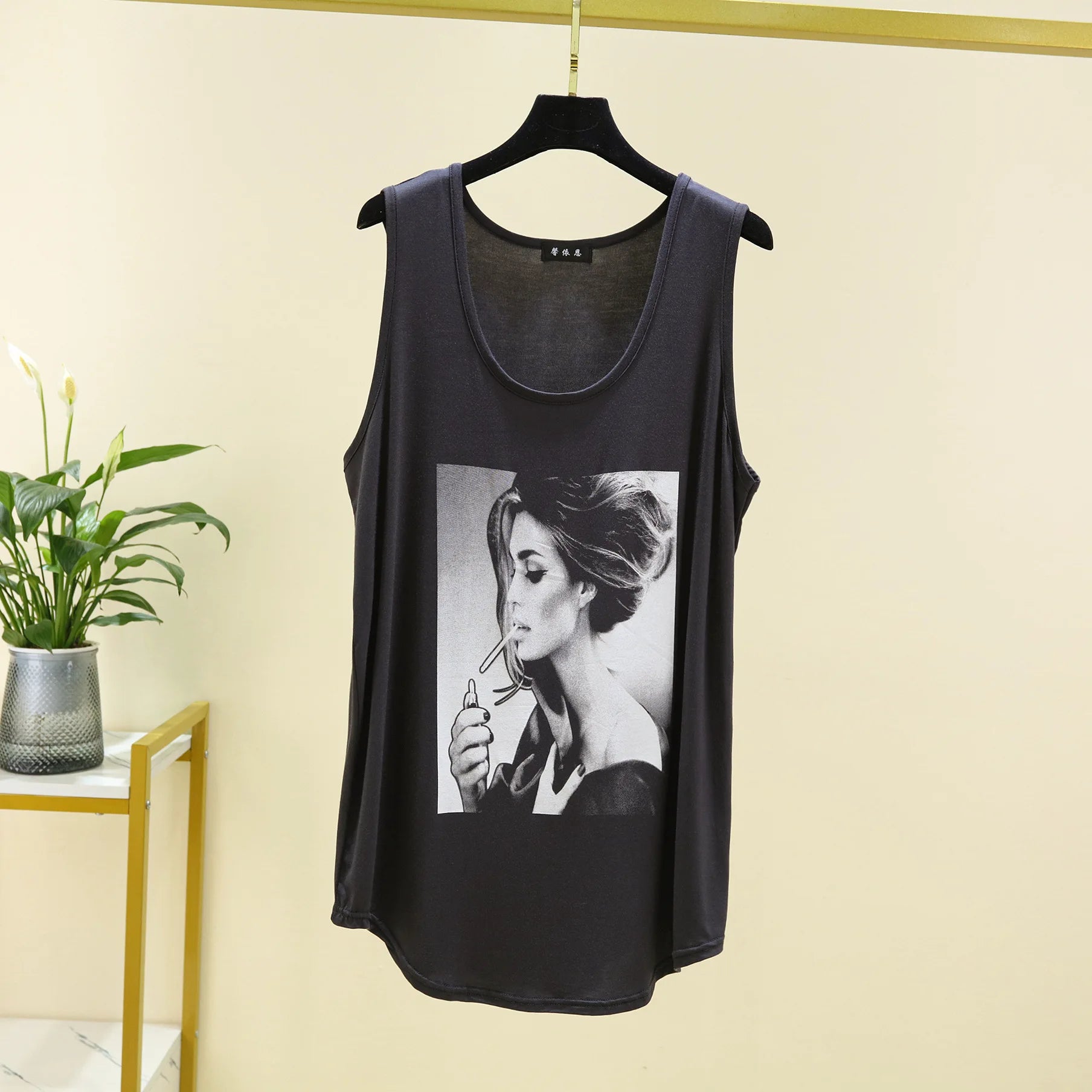 Women Long Tank Tops O-Neck Fashion Print Beauty&