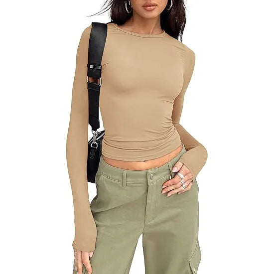 1pcs Four Seasons Fashion Senior Women T-shirt Long Sleeve Crew Neck Solid Slim Fit Tee Ladies Crop Top Daily Streetwear Camis