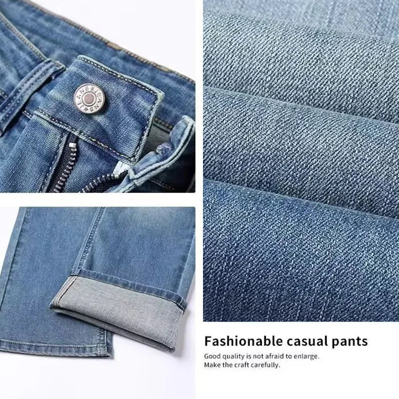Men New Fleece Lined Thickened Jeans Male Winter Loose Straight Slim Fit Denim Pants High End Casual Elasticity Trousers