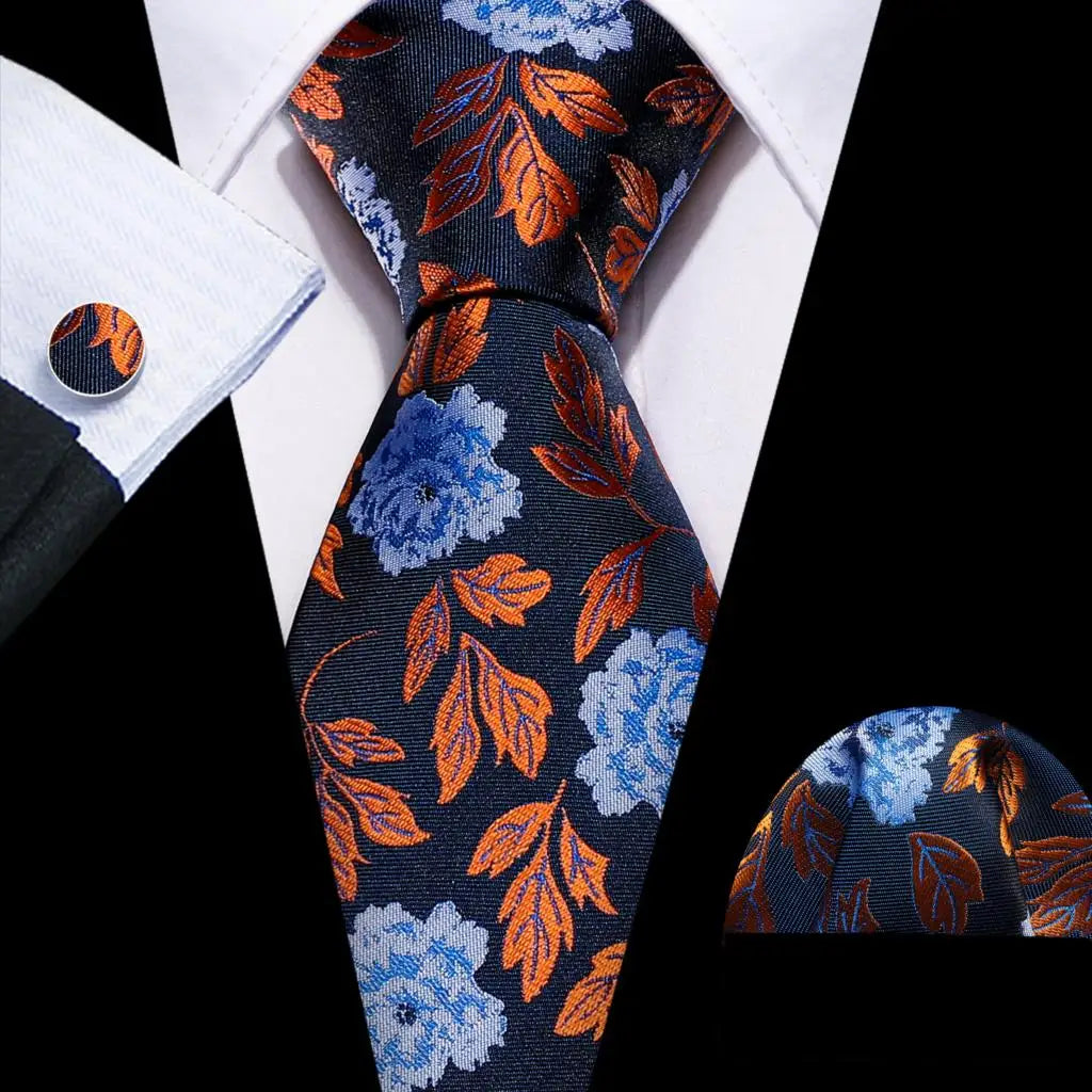 Barry.Wang Colorful Men Tie Handkerchief Cufflinks Set Novelty Floral Necktie for Male Designer Wedding Business Party Gift