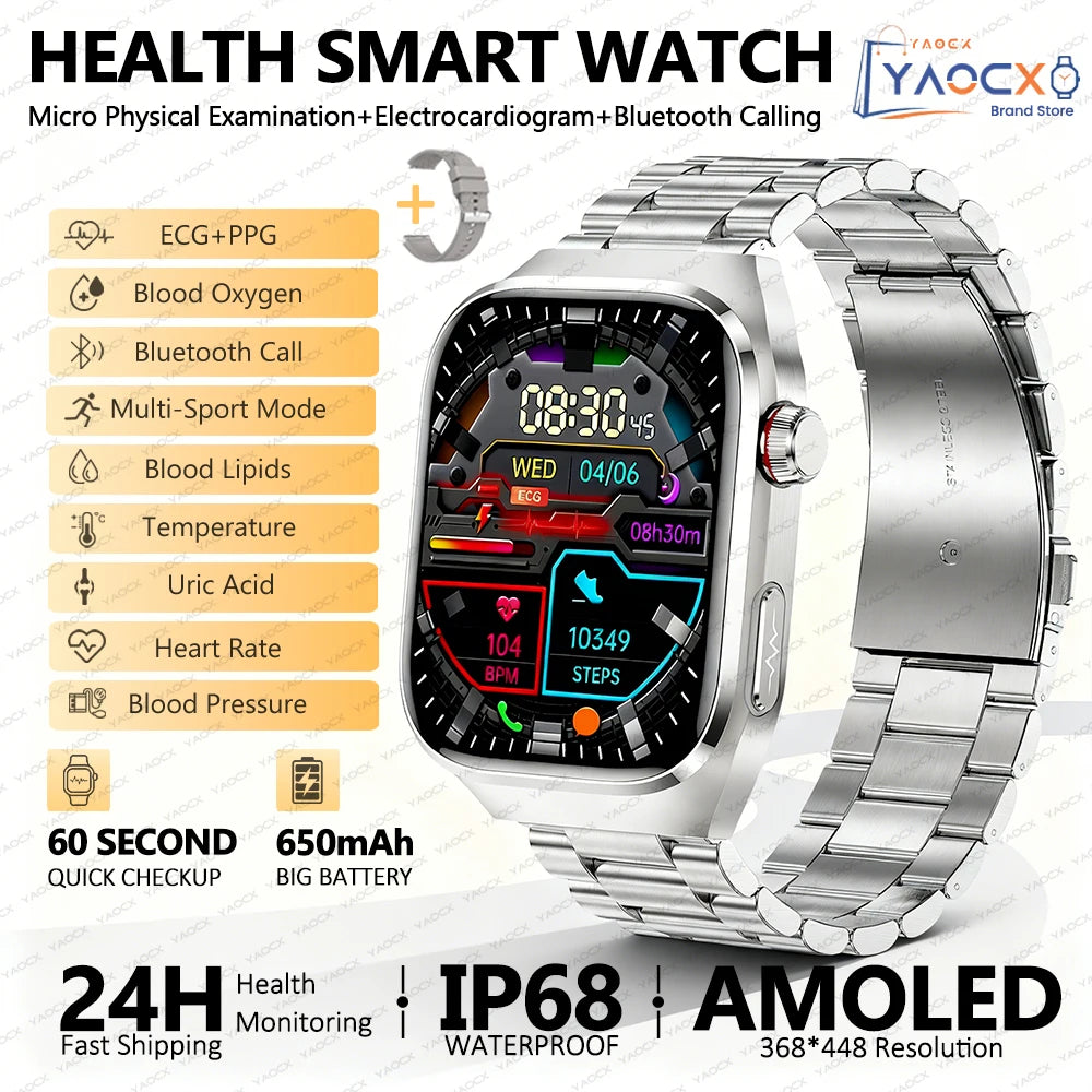 2026 New Smart Watch 2.04-inch AMOLED Screen Bluetooth Call IP68 Waterproof 650mA Sports Smartwatches Men Android Military-Grade
