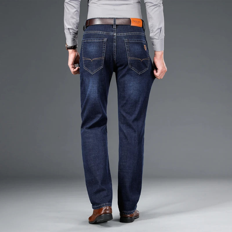 SHAN BAO 2022 autumn spring fitted straight stretch denim jeans classic style badge youth men&