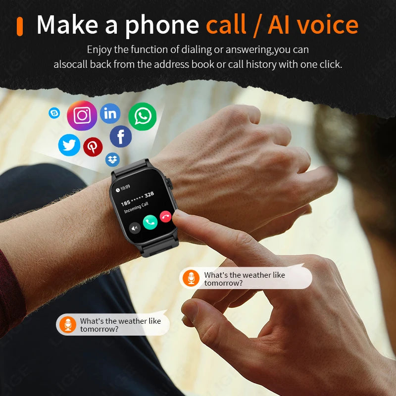 LIGE New Men Smart Watch Flashlight 2.01" HD Large Screen AI Voice Bluetooth Call Sport Watches Health Monitor Smartwatch Women