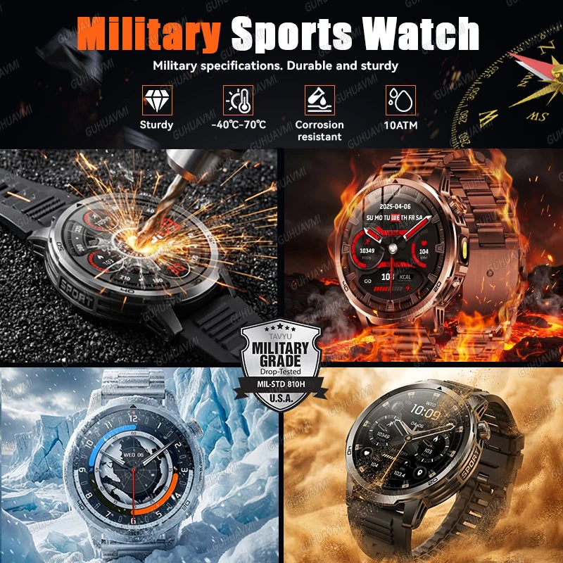 2026 New Military Outdoor Smart Watches 1.85 inch AMOLED 1000mAh Large Battery 10ATM Waterproof Call Sports Men Fitness Bracelet