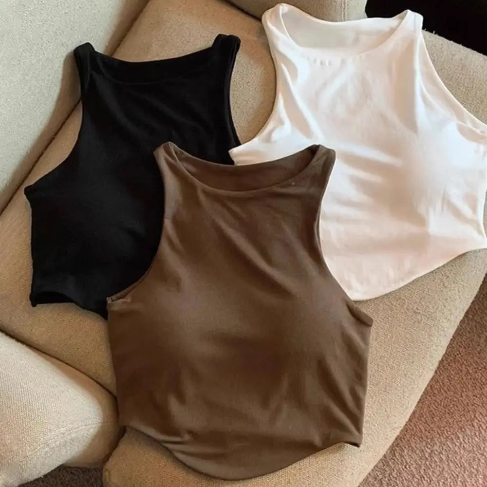 Summer Women Tank Tops Camisole With Padded Bra Solid Color Sexy Off Shoulder O Neck Elastic Sport Vest Push Up Base Shirt