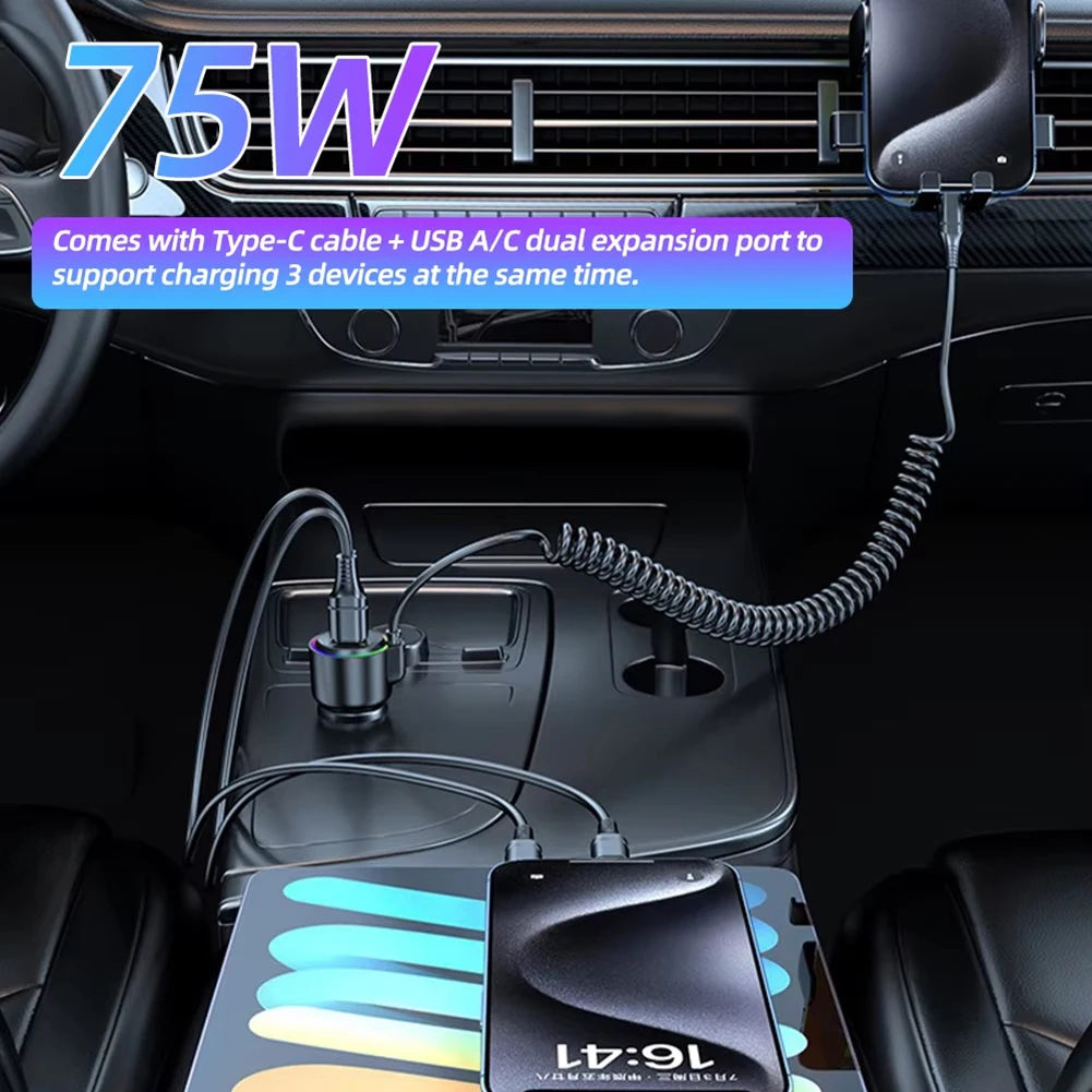 USB C Car Charger 75W Fast Charging PD 45W For QC3 0 Compatible with Dual Ports and Coiled Cable for Efficient Vehicle Charging