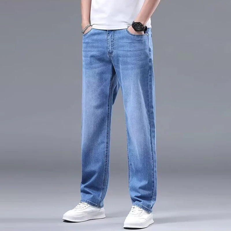 Men New Fleece Lined Thickened Jeans Male Winter Loose Straight Slim Fit Denim Pants High End Casual Elasticity Trousers