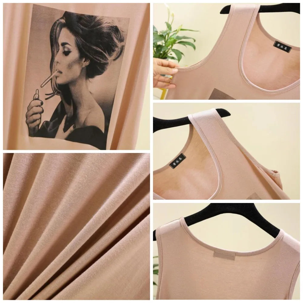 Women Long Tank Tops O-Neck Fashion Print Beauty&