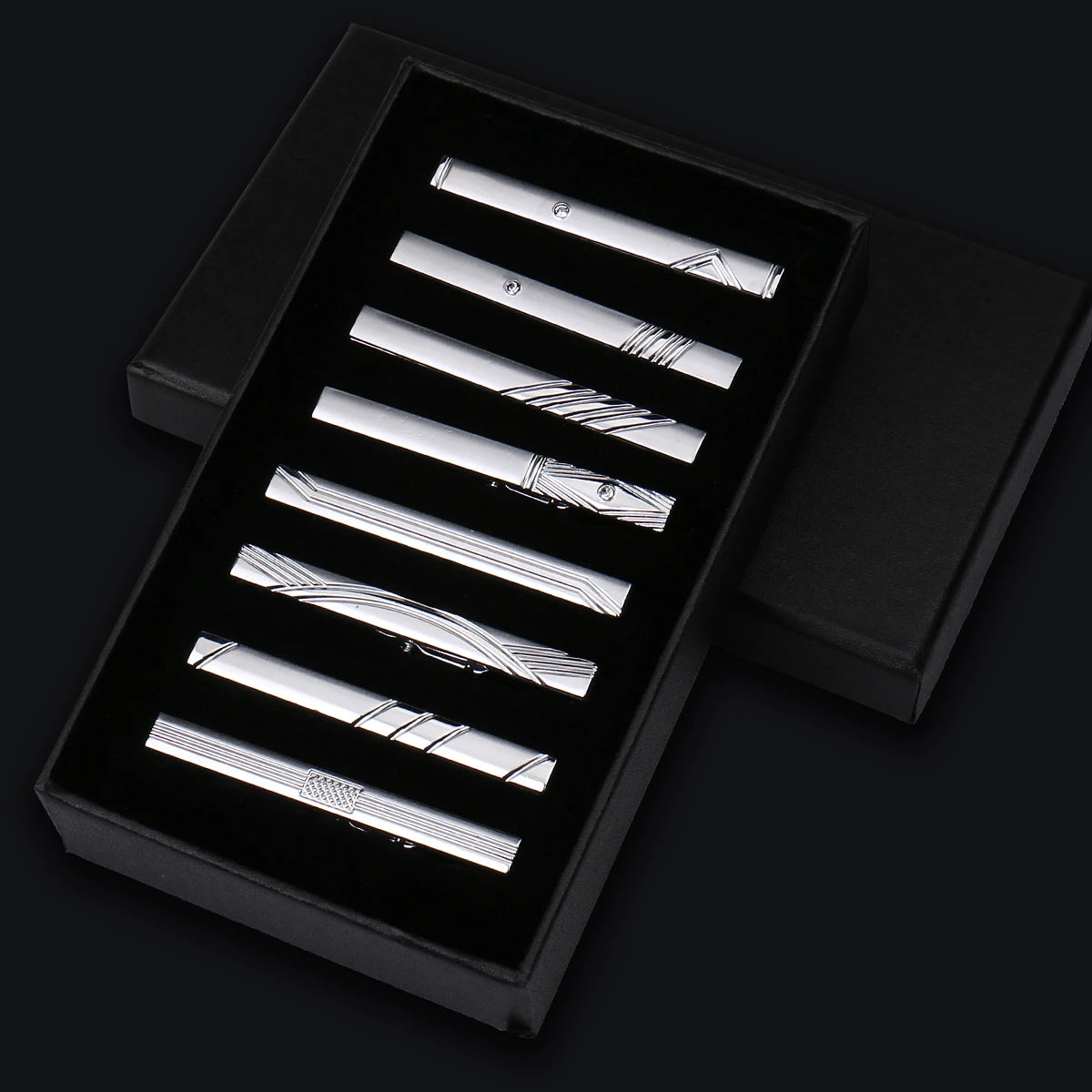 8pcs Tie Clips Metal Diamond With Box For Men Wedding Mens Necktie Clips Set Chrome Stainless Steel Jewelry Gentleman Ties Pin