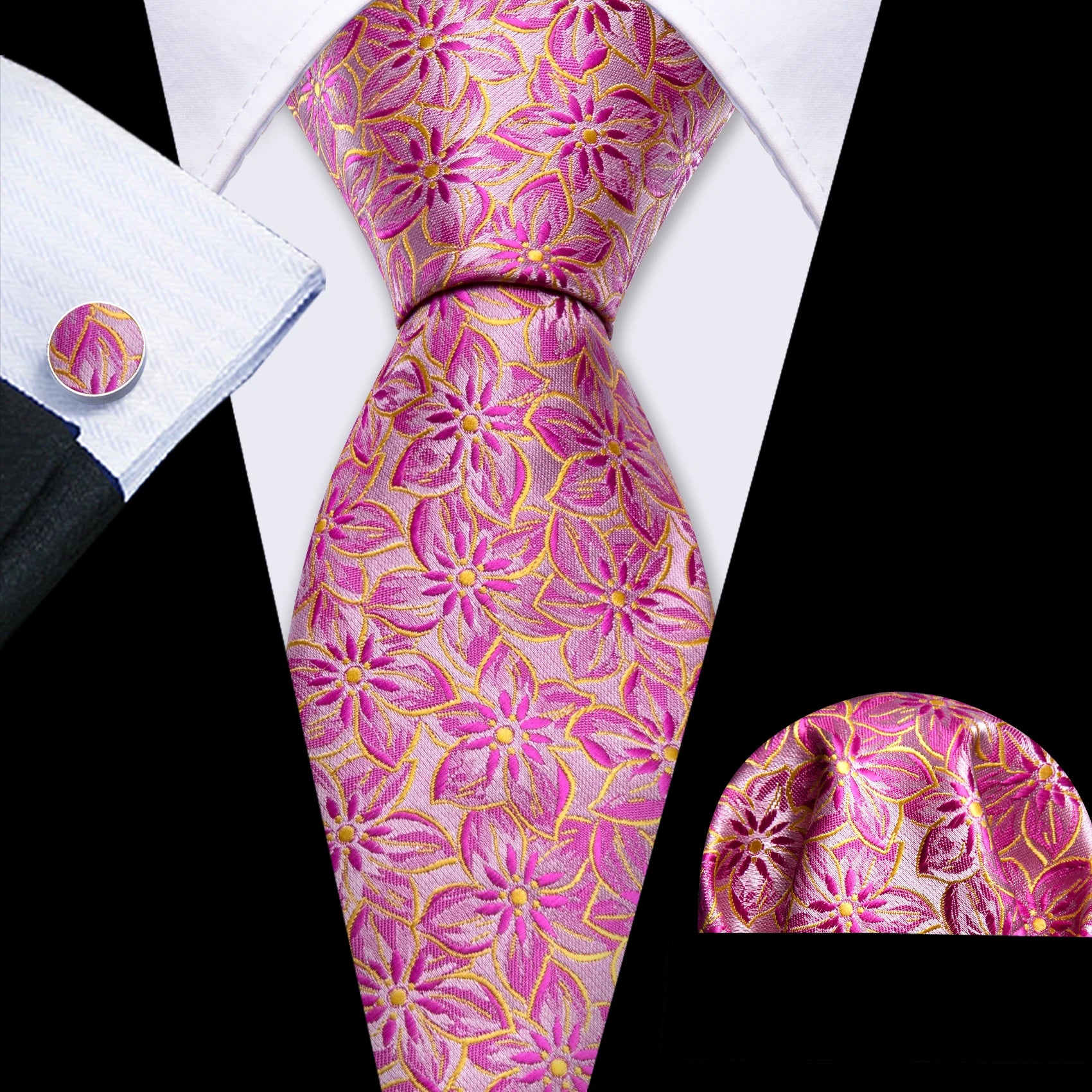 Barry.Wang Jacquard Watermelon & Peach Pink Men Tie With Pocket Square Cufflinks Set Exquisiet Necktie For Male Wedding Business