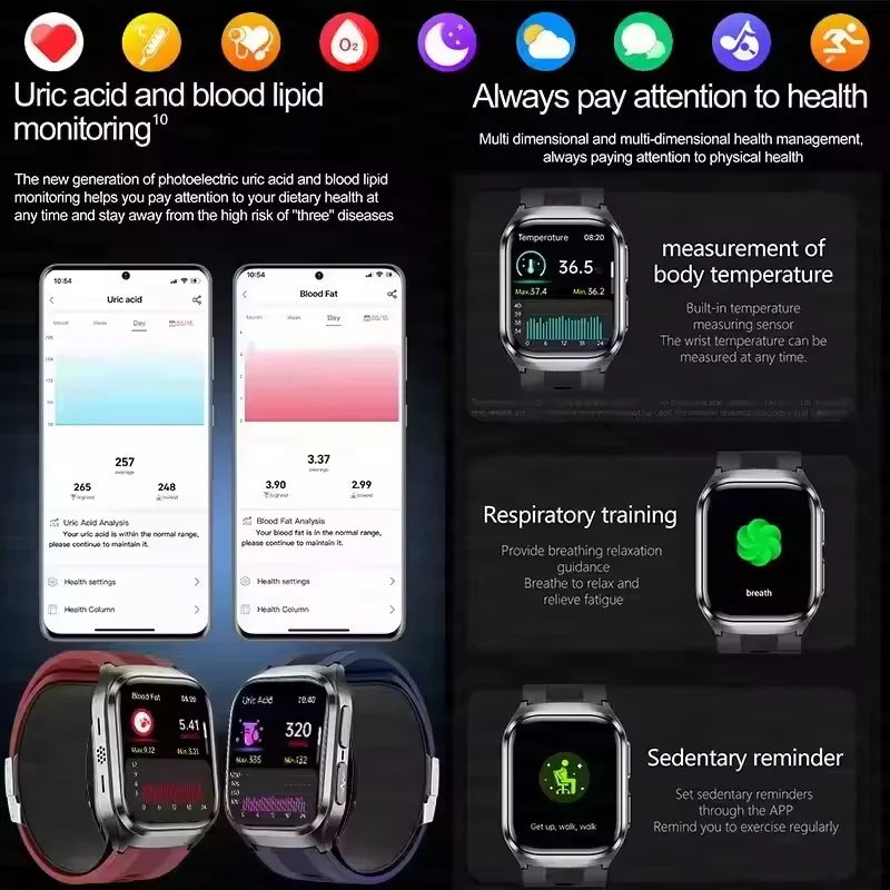 2026 New Air pump airbag Wrist Blood Pressure Accurate Measure Smart Watch ECG Blood lipids Uric acid Bluetooth Call Smartwatchs