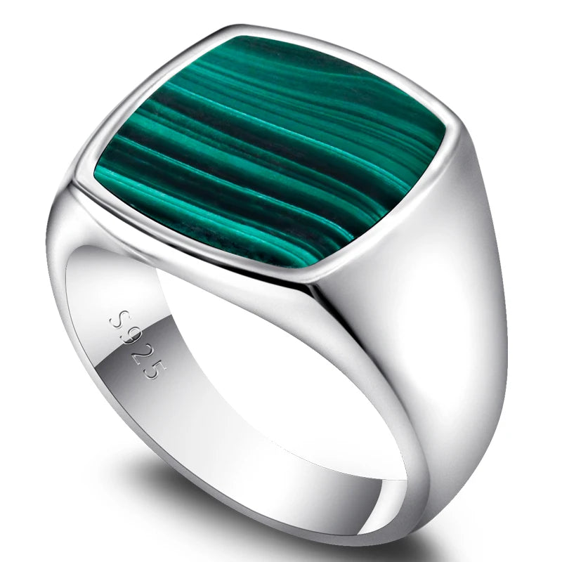 BOCAI S925 Silver Jewelry Inlaid With Natural Malachite Stone Square Men&