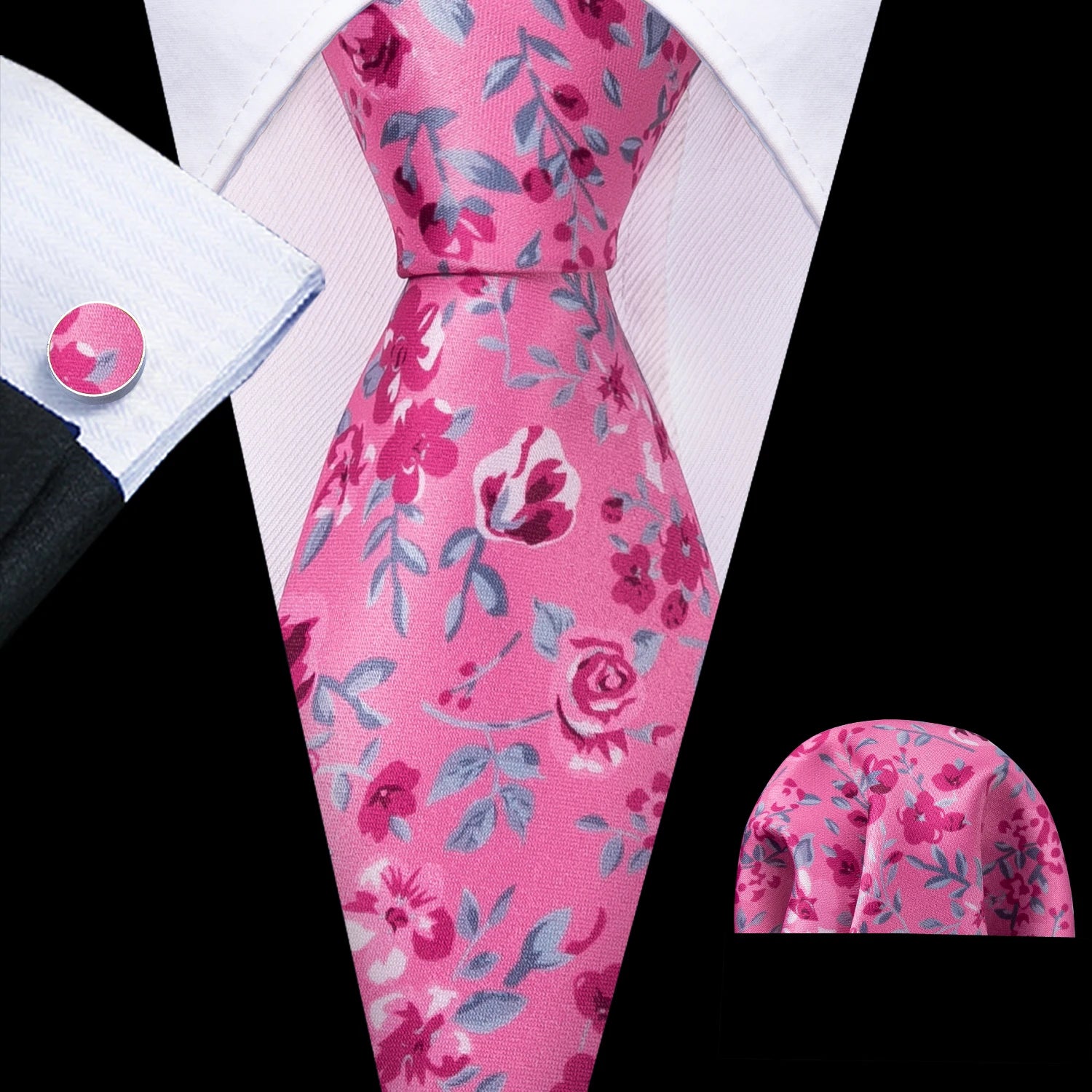 Barry.Wang Colorful Men Tie Handkerchief Cufflinks Set Novelty Floral Necktie for Male Designer Wedding Business Party Gift