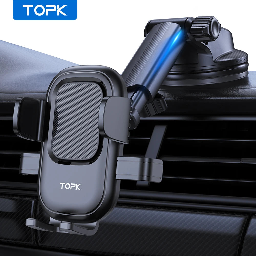 TOPK Car Phone Holder Mount Suction Cup Strong Grip Adjustable Dashboard/Windshield Stand Fit for All Smartphones iOS/Android