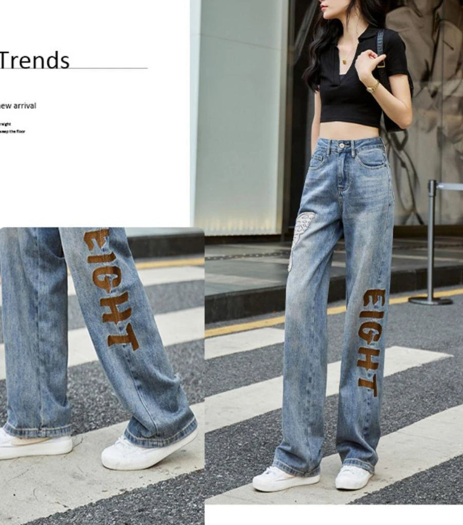 Womens Jeans High Waist Shot Denim Pants for Women Graphic Straight Leg Butterfly Trousers with Print Pattern Basics Z on Sale A