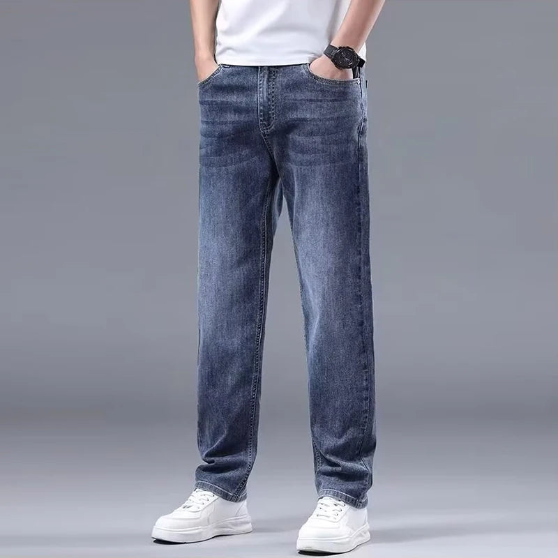 Men New Fleece Lined Thickened Jeans Male Winter Loose Straight Slim Fit Denim Pants High End Casual Elasticity Trousers