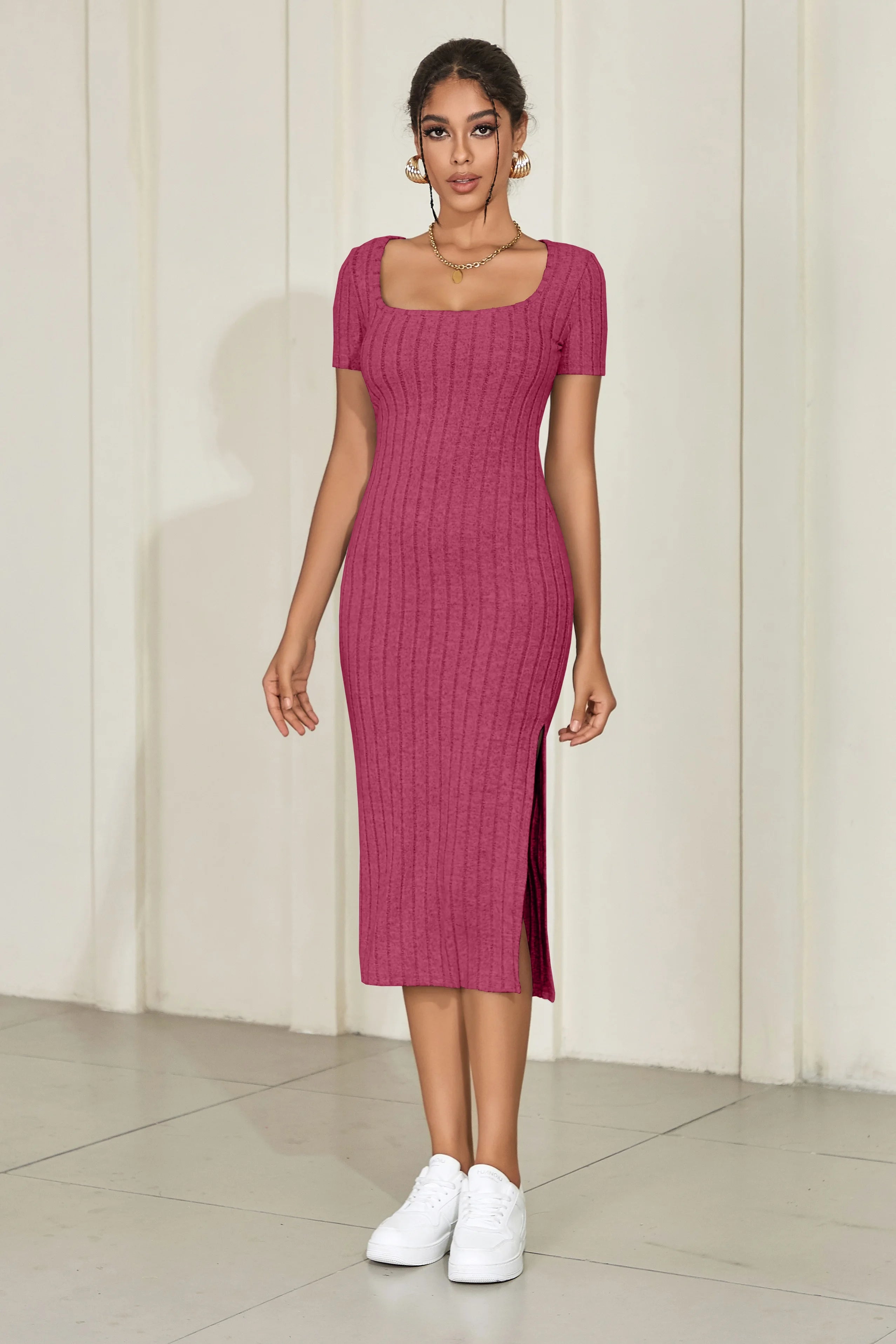 Summer square neck, hip-hugging mid-length skirt, short-sleeved, versatile knitted slit dress
