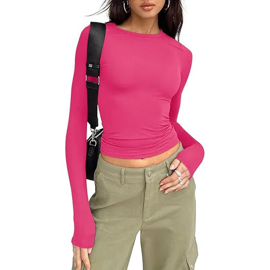 1pcs Four Seasons Fashion Senior Women T-shirt Long Sleeve Crew Neck Solid Slim Fit Tee Ladies Crop Top Daily Streetwear Camis