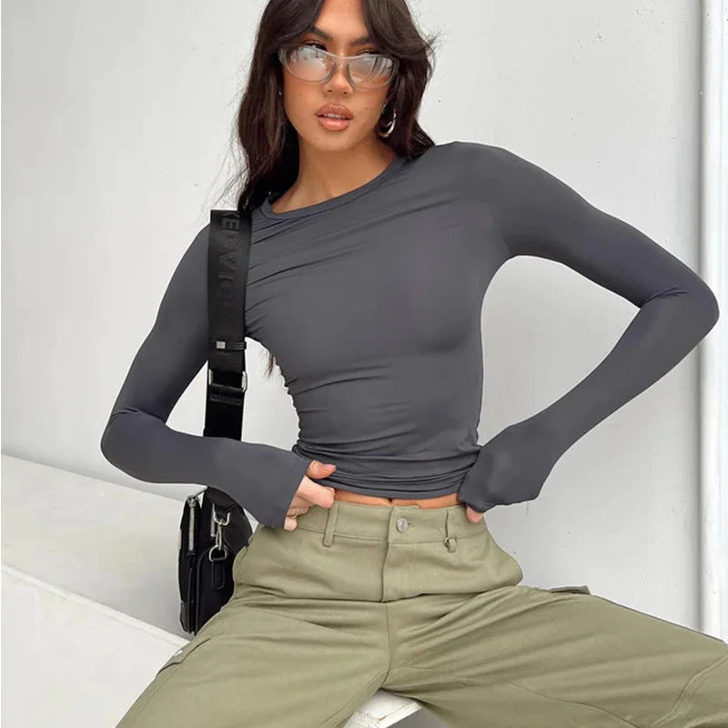 Women Casual Long Sleeve T-Shirts Spring Autumn Solid Slim Fit Pullovers Tees Shirts Female Streetwear Base Tees Tops Casual