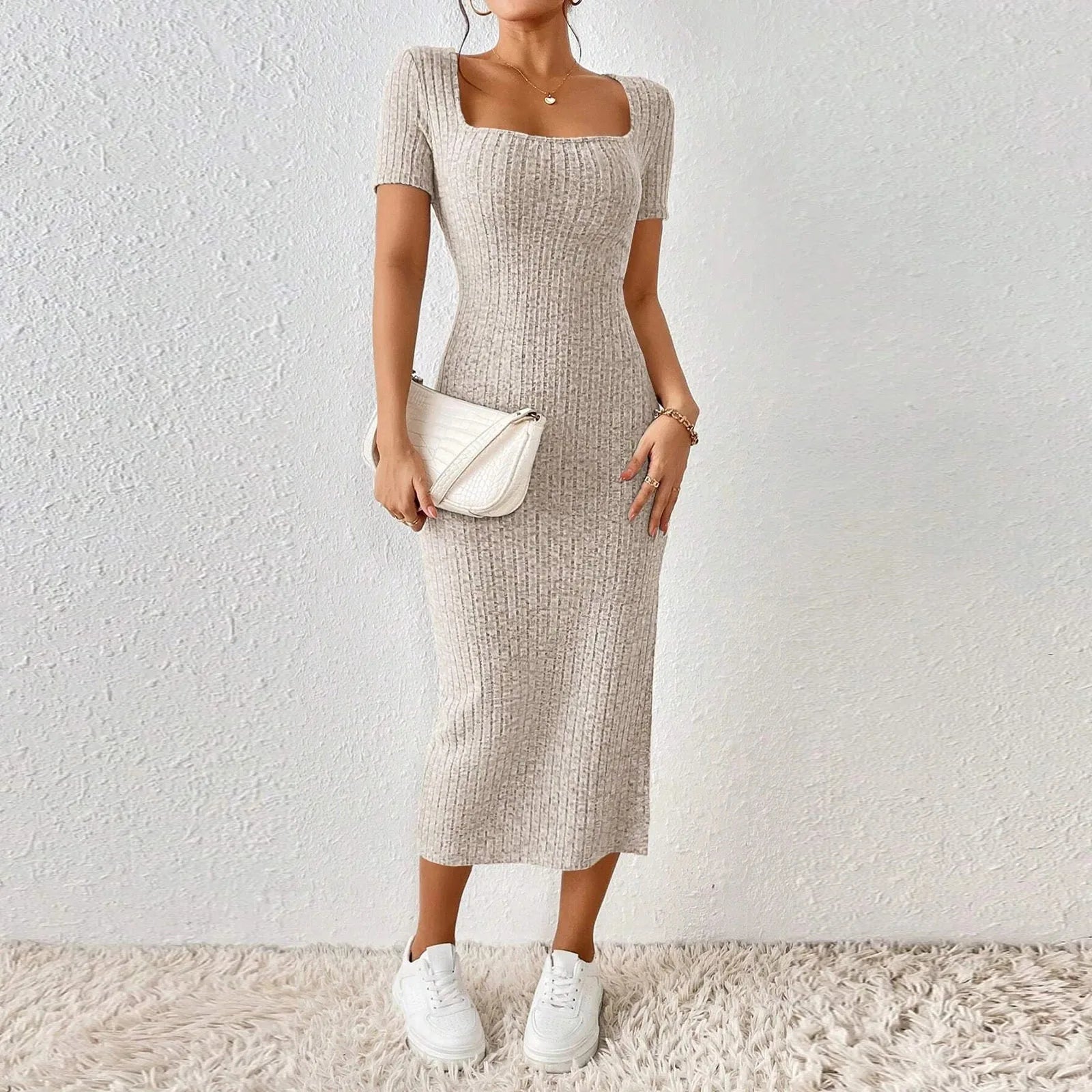 Summer Dresses For Women 2026 Summer Ribbed Short Sleeve Bodycon Maxi Dress Side Slit Knit Square Neck Long Robe Vestidos