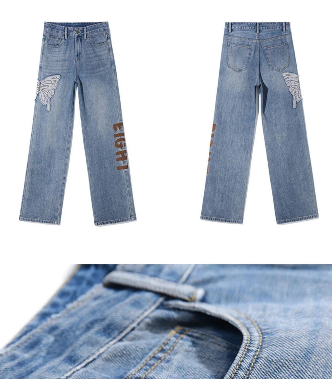 Womens Jeans High Waist Shot Denim Pants for Women Graphic Straight Leg Butterfly Trousers with Print Pattern Basics Z on Sale A