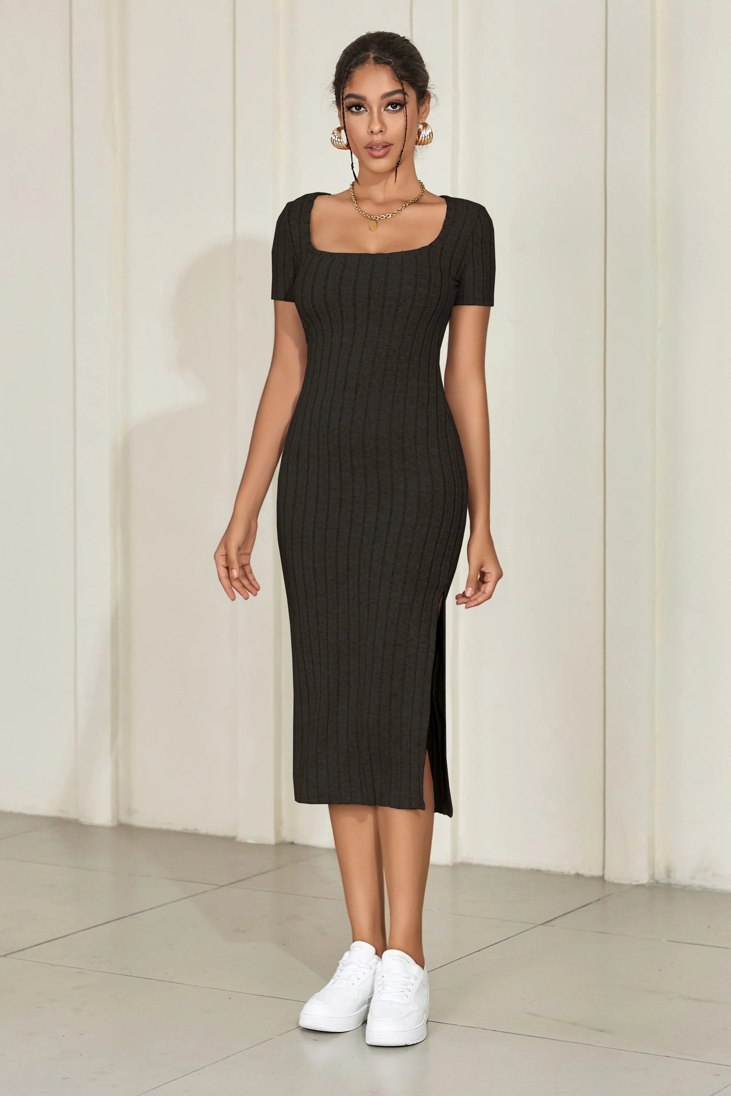 Summer square neck, hip-hugging mid-length skirt, short-sleeved, versatile knitted slit dress