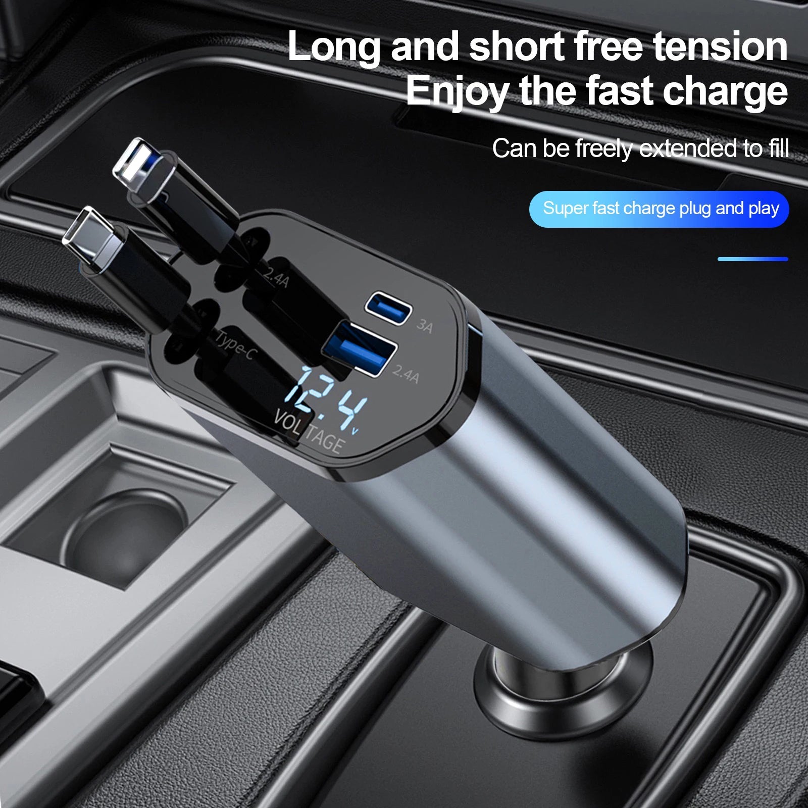 W&O 4-in-1 Vehicle Charger, 120 Watt Fast Charging, Retractable Cable, 2 USB Ports, Compatible with All Vehicles iOS & TYPE-C