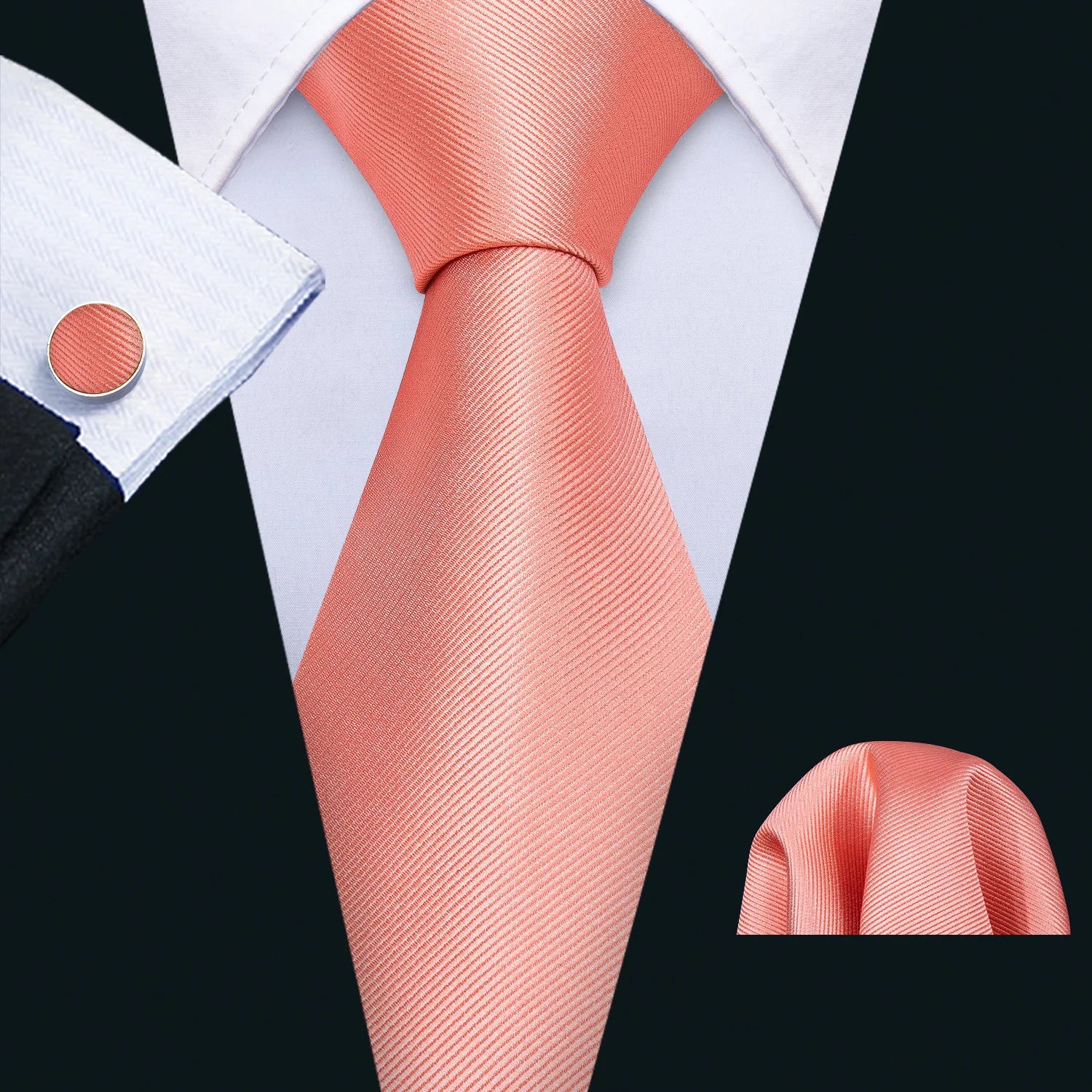 Barry.Wang Jacquard Watermelon & Peach Pink Men Tie With Pocket Square Cufflinks Set Exquisiet Necktie For Male Wedding Business