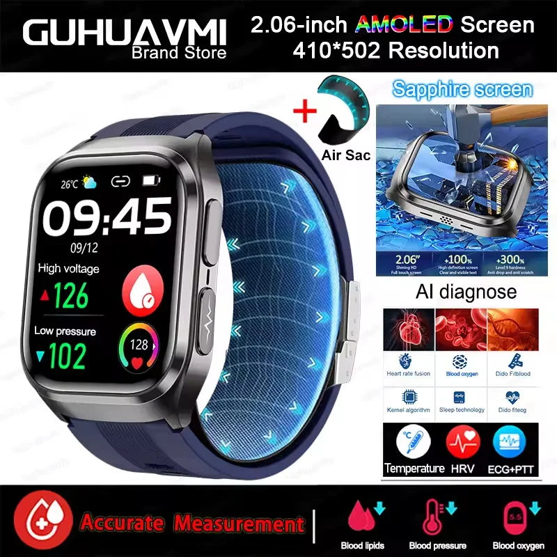2026 New Air pump airbag Wrist Blood Pressure Accurate Measure Smart Watch ECG Blood lipids Uric acid Bluetooth Call Smartwatchs
