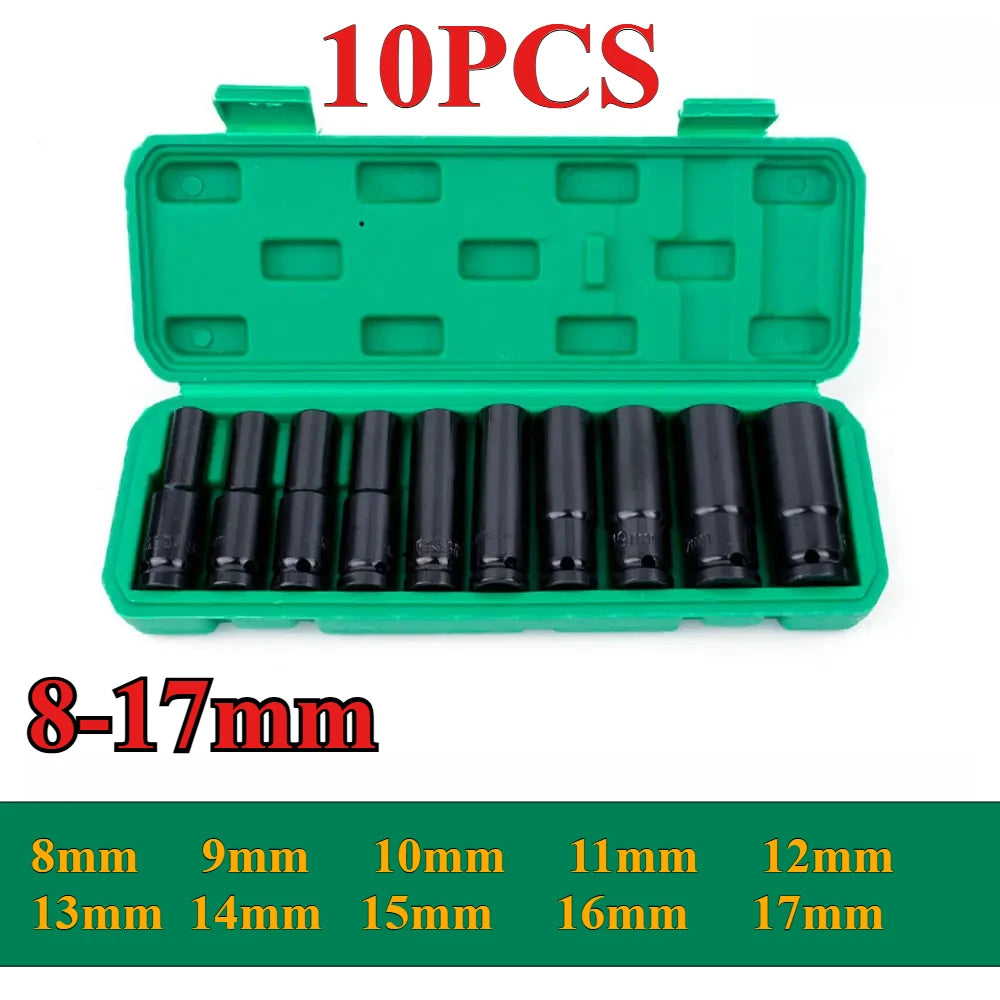 1/2Inch Drive 6-Point Impact Socket Set 10-Piece Metric Sizes 8-24m/10-24mm Carbon Steel Impact Socket Set with Hard Storage Box