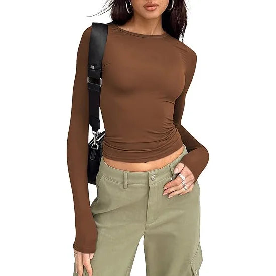 1pcs Four Seasons Fashion Senior Women T-shirt Long Sleeve Crew Neck Solid Slim Fit Tee Ladies Crop Top Daily Streetwear Camis