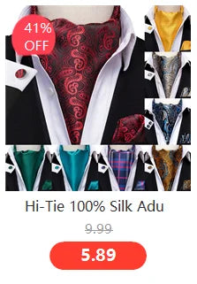 Hi-Tie Silk Mens Ascot Hanky Cufflinks Set Black Yellow White Paisley Cravat Tie Vest Dress Ascots Self Vintage Jacquard Woven