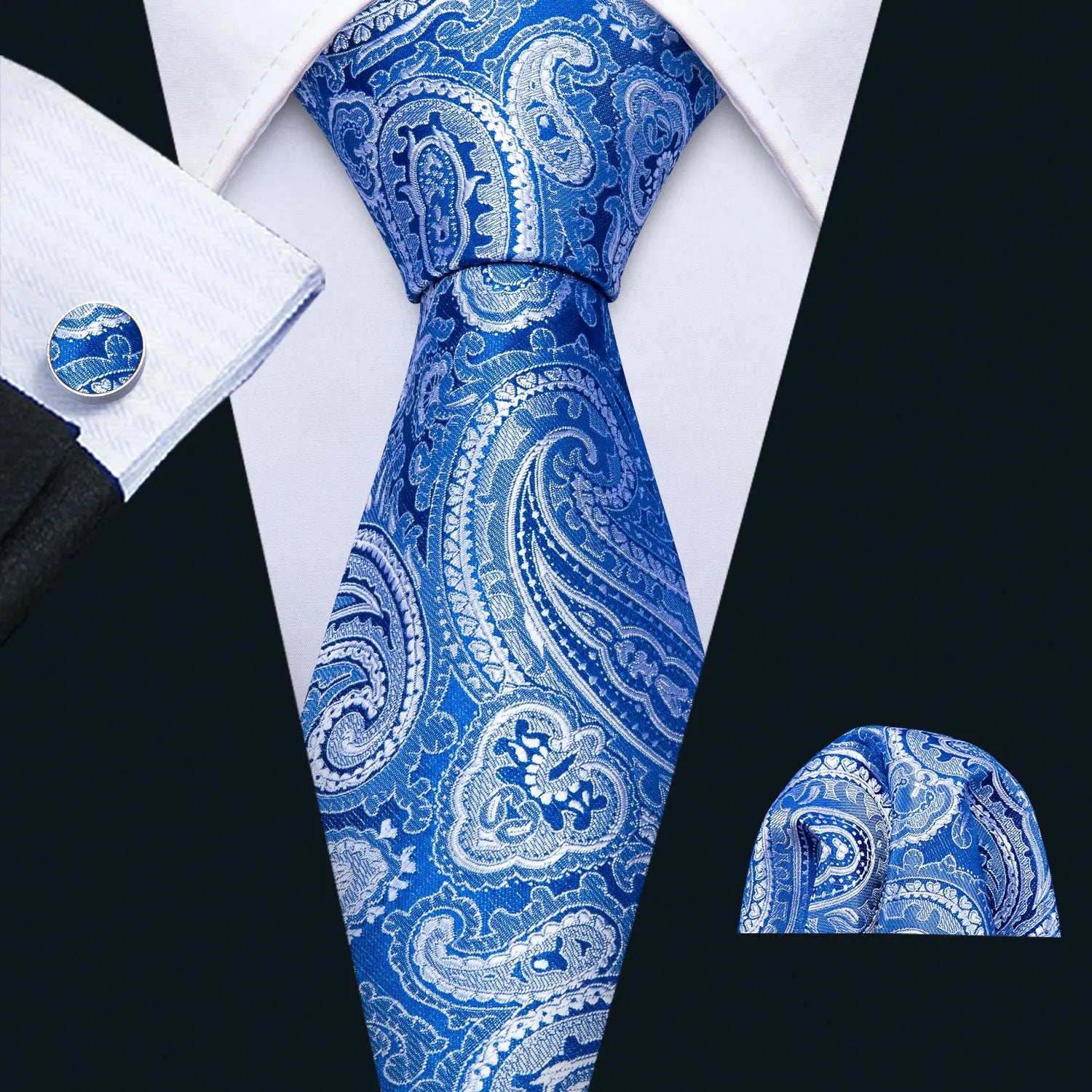 Barry.Wang Navy Royal Sky Blue Silk Men Tie Hanky Cufflinks Set Jacquard Teal Cyan Turquoise Necktie for Male Wedding Business
