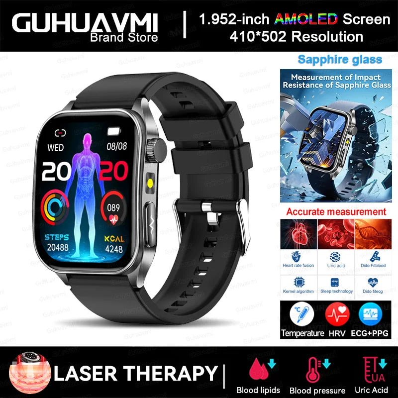 2025 Laser Treatment Three High SmartWatch 1.95" Sapphire Curved Screen ECG+PPG Blood fat Uric Acid Health Diagnosis Smartwatch