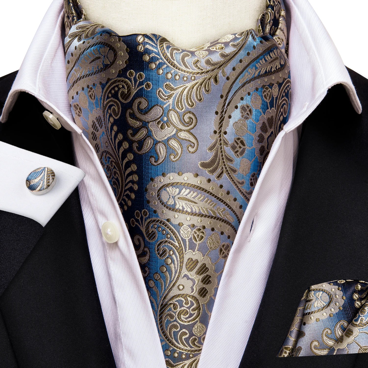 Hi-Tie Silk Mens Ascot Hanky Cufflinks Set Black Yellow White Paisley Cravat Tie Vest Dress Ascots Self Vintage Jacquard Woven