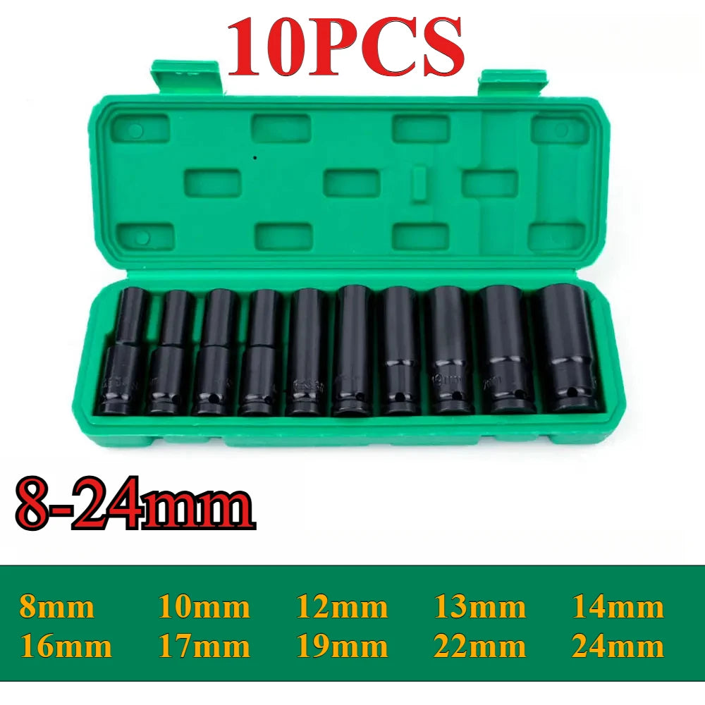 1/2Inch Drive 6-Point Impact Socket Set 10-Piece Metric Sizes 8-24m/10-24mm Carbon Steel Impact Socket Set with Hard Storage Box