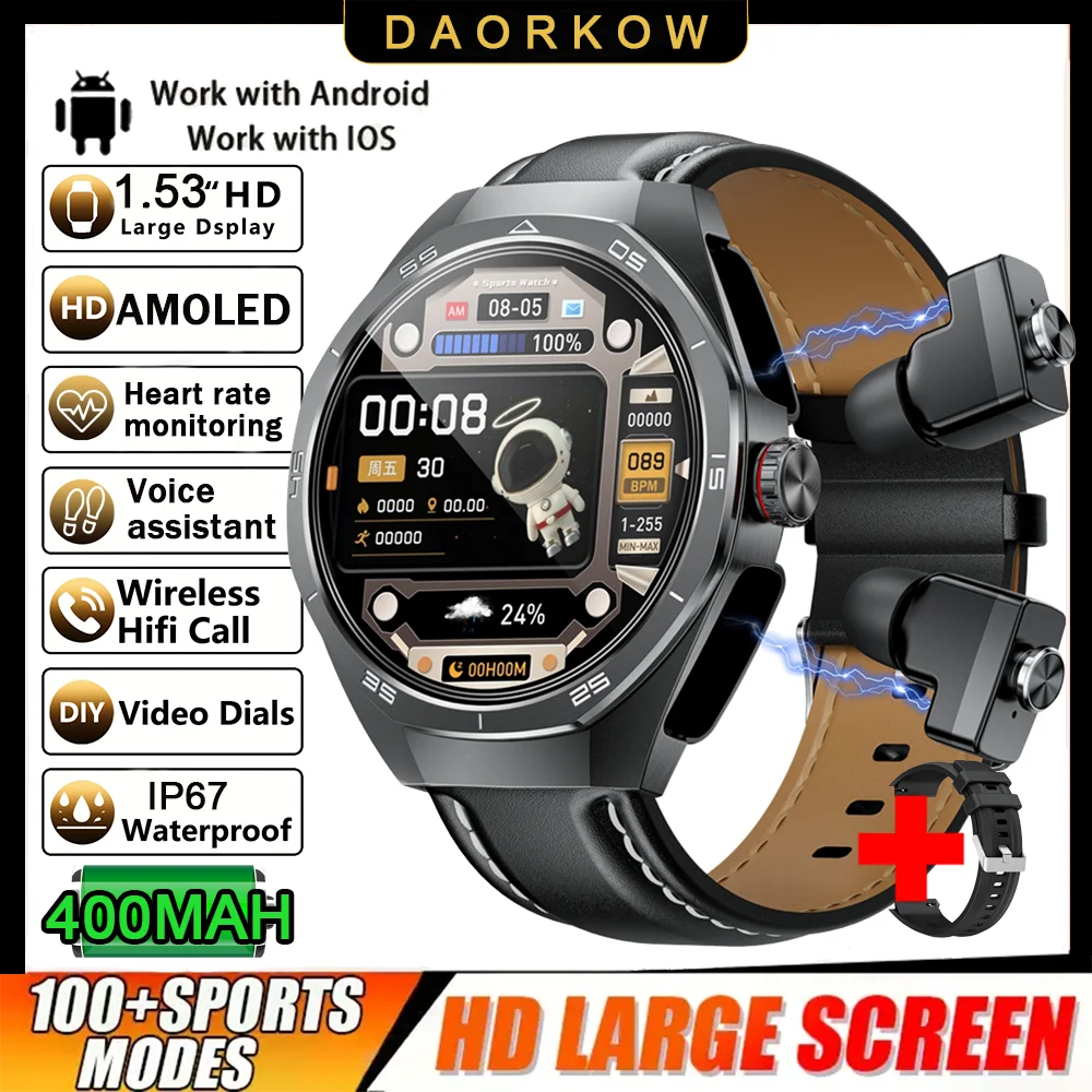 New Smart Watch Men TWS 2-in-1 Bluetooth Earphones With Built-in Speaker HIFI 1.53HD SCreen Bluetooth Call IP67 Waterproof