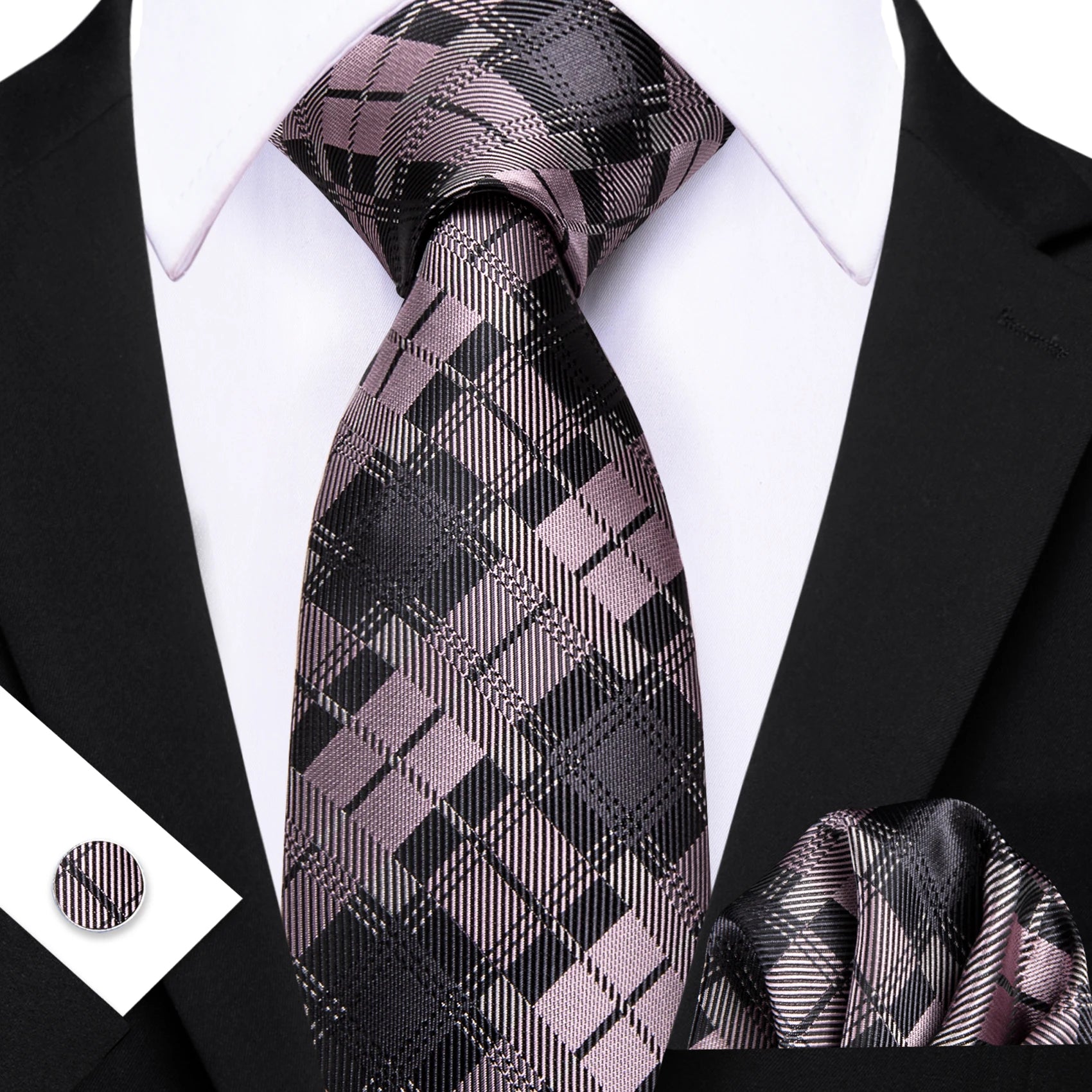 Barry.Wang Jacquard Watermelon & Peach Pink Men Tie With Pocket Square Cufflinks Set Exquisiet Necktie For Male Wedding Business