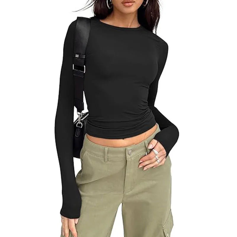 1pcs Four Seasons Fashion Senior Women T-shirt Long Sleeve Crew Neck Solid Slim Fit Tee Ladies Crop Top Daily Streetwear Camis
