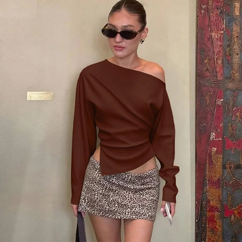 Talenza Women Casual Top Fashion Slim Slit Long Sleeve Pullover Top Sexy Strapless Pleated New Party Looks Top Female Streetwear