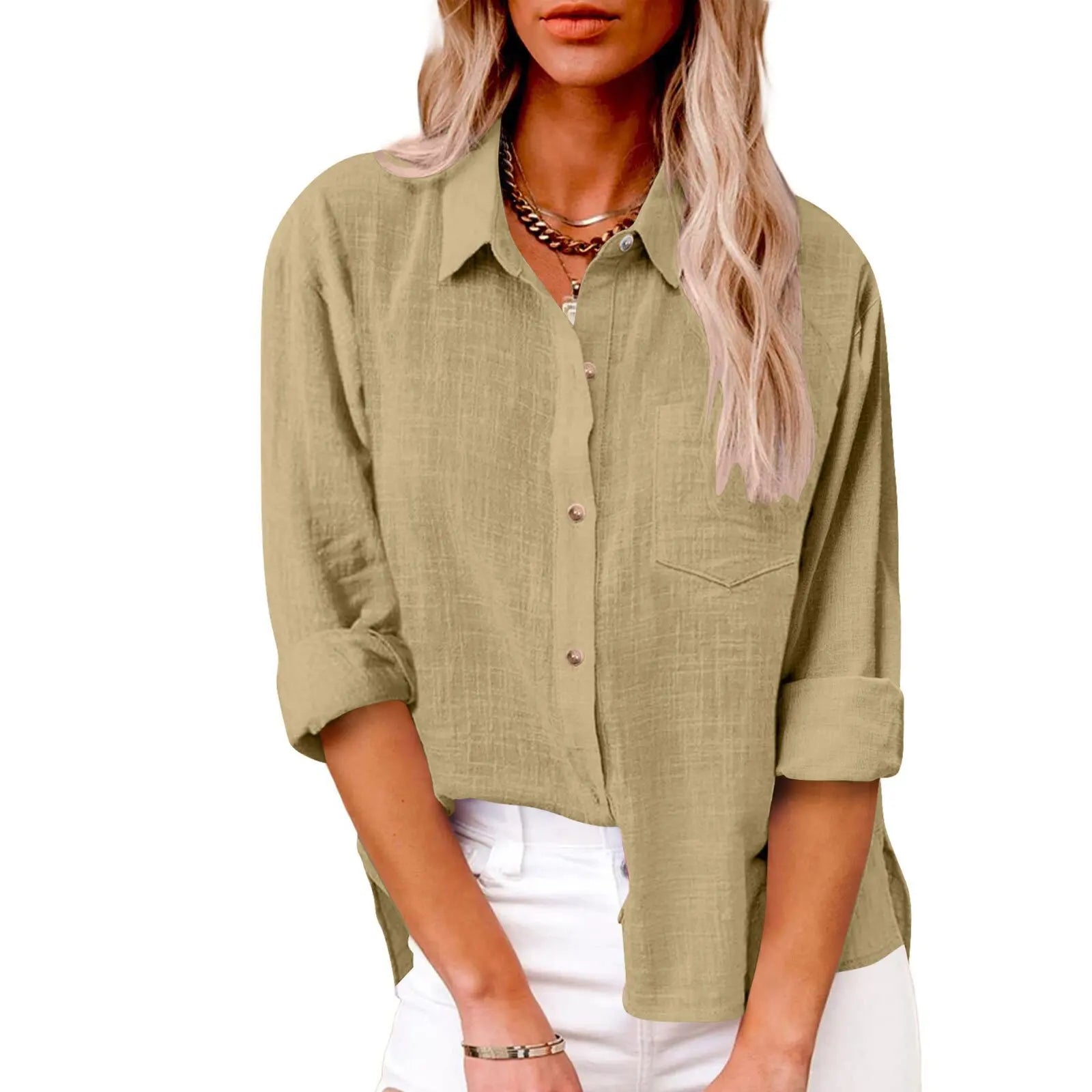 Women Casual Loose Solid Shirt Spring Summer Fashion Elegant Long Sleeve Button Office Holiday Top Shirts Blouses Women Casual