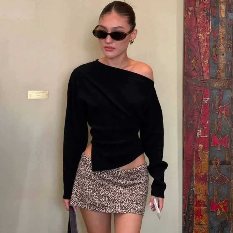 Talenza Women Casual Top Fashion Slim Slit Long Sleeve Pullover Top Sexy Strapless Pleated New Party Looks Top Female Streetwear