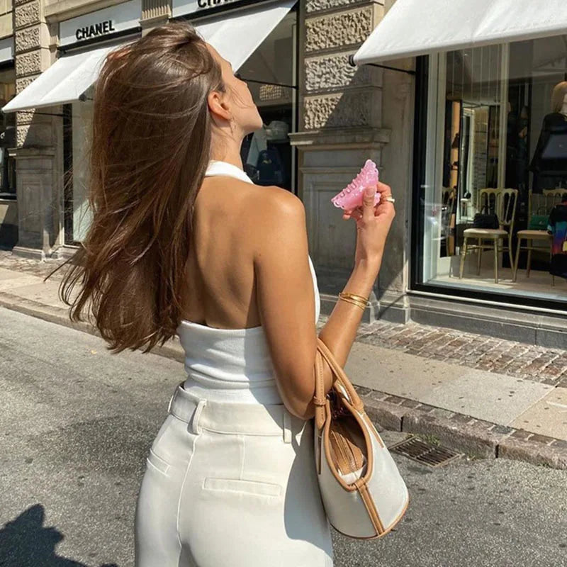 White Halter Sexy Backless Tank Tops for Women Streetwear 2024 Sleeveless Ribbed Knit Vest Top Cropped Feminino