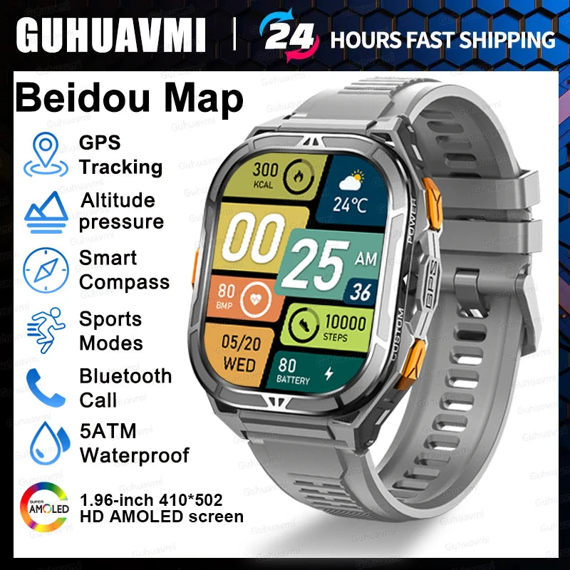 New GUHUAVMI TANK X5 SmartWatch MIL-STD-810H Rugged IP69K 5ATM L1+L5 GPS 1.96" AMOLED Compass OutdoorSport Watch for Android iOS